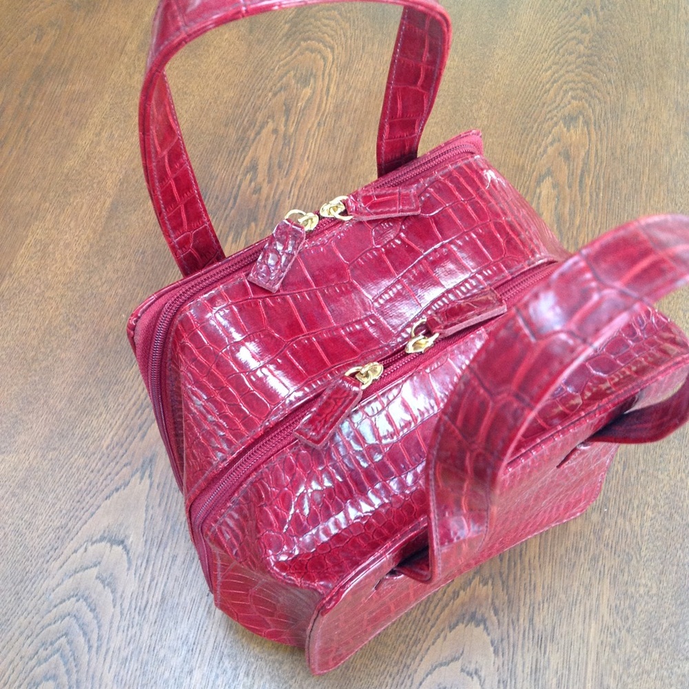 Red faux alligator box purse - two sections, both zip open on 3 sides. 7x7x5deep